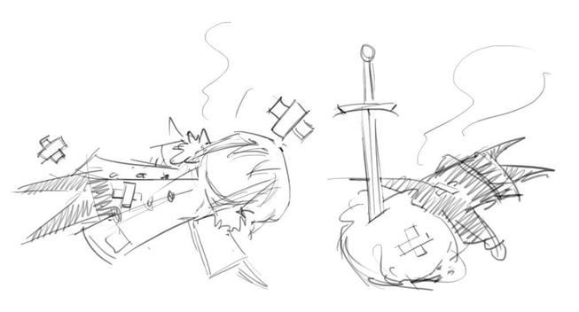 Rough digital drawing of Nina and Ryou post-smackdown.
