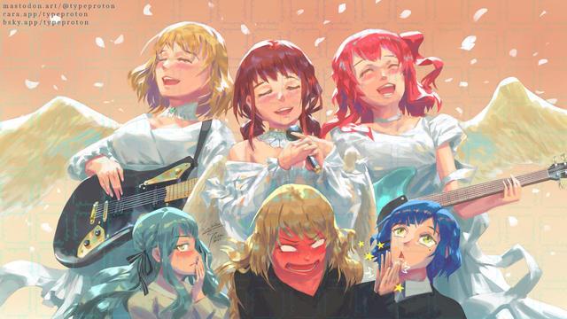 Digital fanart painting of the singers from Bocchi the Rock, Ave Mujica and Girls Band Cry anime.