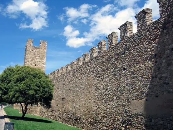The image features a stone wall with battlements and a tower. The wall appears to be part of a historical structure, likely a fortress or castle. There’s also a tree and some greenery in the foreground, and a bright blue sky with clouds in the background. The overall scene suggests a picturesque, historical setting.

Image Credits: Wikimedia / Till F. Teenck / CC BY-SA 2.5