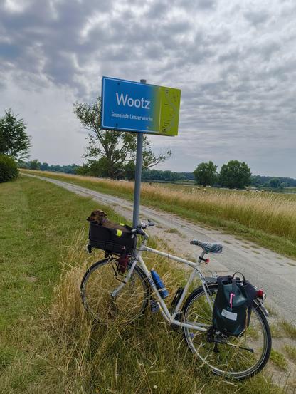 Auf dem Elbdeich bei Wootz. Das Fahrrad lehnt an einem Wegweiser des Elberadwegs, der auf den Ort Wootz hinweist. Effie sitzt im Körbchen. Der Himmel ist schon etwas stärker bewölkt.