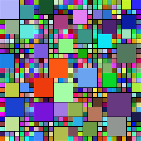 A computer generated picture of multicoloured squares of various sizes packed into a 29 by 29 grid