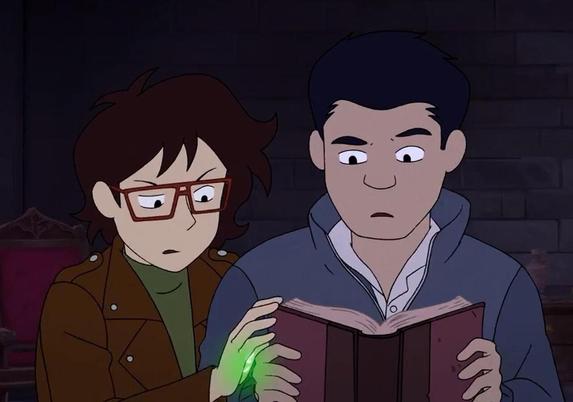 Screenshot from episode 9, The Castle Car. Ryan and Min-Gi are confusedly flipping through Jeremy's journal.