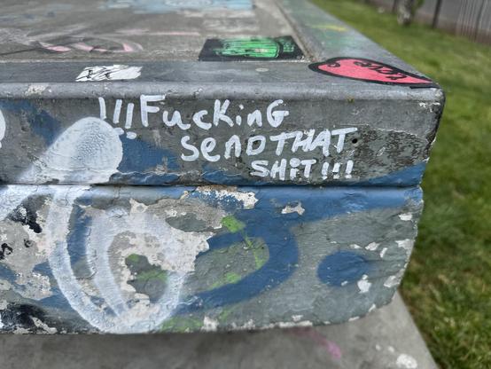 Graffiti on a concrete skateboard obstacle saying “!!!Fucking send that shit!!!”