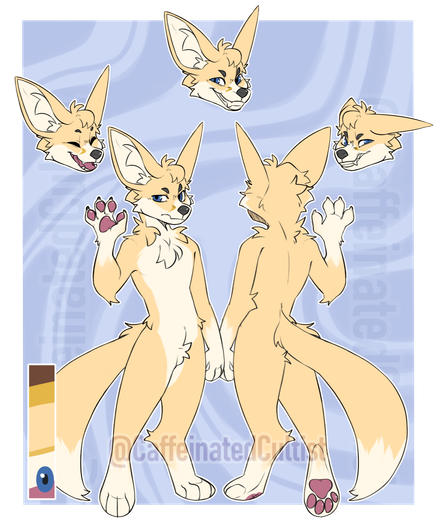 Digital art of furry fennec character. This reference sheet displays the front and back of the fennec character, and three emotes at the top. A handy color palette in the bottom left corner of the page.

Artwork by, CaffeinatedCultist