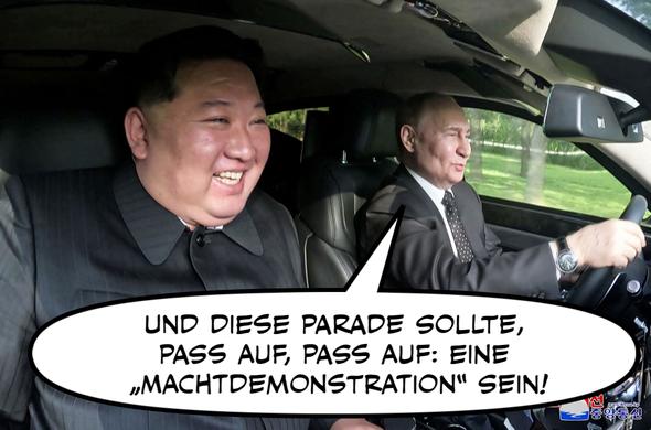 Putin und Kim Jong Un zusammen lachend. Putin sagt: „UND DIESE PARADE SOLLTE, PASS AUF, PASS AUF: EINE
"MACHTDEMONSTRATION" SEIN!“