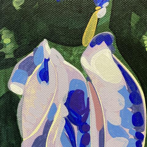A close-up detail of an abstracted painting of a blue and white iris petal against a dark green background, all composed of layers of flat colour in lozenge shapes.