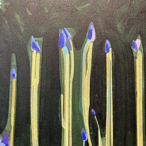 A close-up detail of an abstracted painting of blue iris buds on long, light green stalks against a dark green background, all composed of layers of flat colour in lozenge shapes.