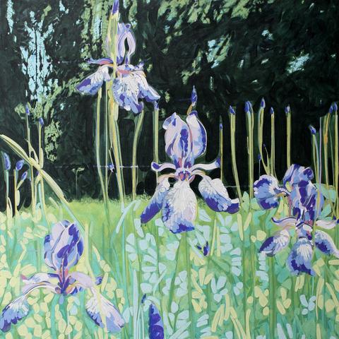A cropped photograph of an abstracted acrylic painting depicting long stalks of Siberian iris flowers and buds in a green field and a dark green blur of a forest background. Everything is made of of various iterations of the rounded lozenge shape painted in layers.
