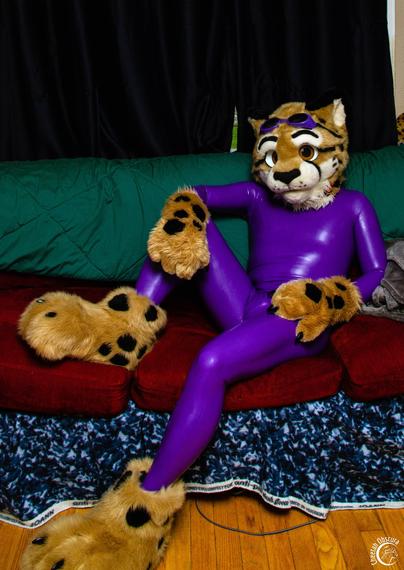 Photo of Obscura lounging on a sofa. They are in fursuit partial and wearing a purple latex catsuit
