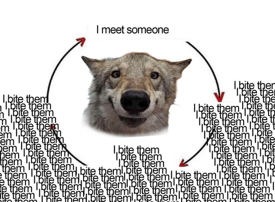 a picture of a canine in the middle of a cycle meme, it says "i meet someone" and then "i bite them" over and over and over and over and over and over and over and over