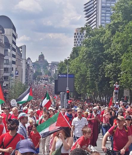 A large crowd of people demonstrating on a large avenue in Brussels. Many Palestinian flags can be seen, most people wear a red piece of clothing.