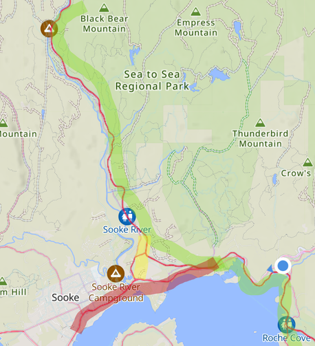 a heatmap of travel activities, with Sook on the west side
a heat line goes east out of Sooke, and splits into one that goes north and one that goes south-east
the north and south-east sections marked as green, the section that goes through Sooke is marked as red, and there's a small shrtcut section marked as yellow that connects green and red for a short time