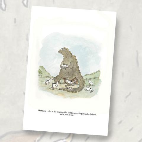 An image of a print offered at gricklemart.com of a godzilla-looking monster relaxing with cows on a farm.