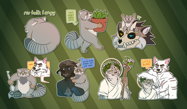 Telegram stickers of an anthro cat character with multiple forms. He appears as a small, fluffy Pallas cat, curled up and facing away saying 'nu talk, I angy'; carrying away a potted plant while saying 'this goes here now'; sits on the head of a large undead and annoyed-looking wolf beast, while saying 'yay'; nonchalantly pokes a live hand grenade with a spoon while an anthro white wolf character laughs from a distance; sits in the arm of a different anthro wolf who says 'you've even pissed off the child' while both look annoyed; holds a staff and wears a toga and laurel wreath, looking serene in his more majestic snow leopard form; and looks annoyed in his snow leopard form as the anthro white wolf rests an elbow on his head and calls him 'little buddy'.