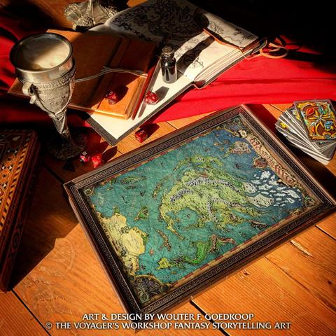 A tavern tabletop with dice, leather bound notebooks, playing cards, a full colour fantasy world map and a pewter cup filled with ale!