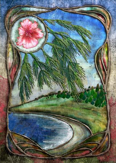 A heavily stylized and textured Art Nouveau illustration featuring a rhododendron bloom in the top left corner, a beach and some redwood branches. Colors are predominantly pink, blue, and green.