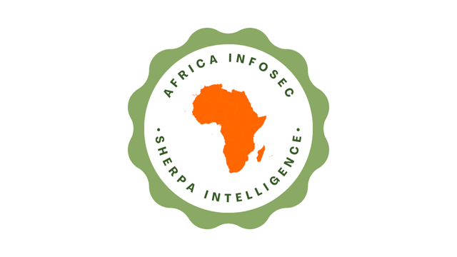 green circle on white background with the continent of Africa in an orange cutout shape with the words Africa InfoSec Sherpa Intelligence