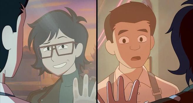 Screenshot from episode 1, The Twin Tapes. In the final scene of the split sequence, Ryan looks at Min-Gi through the glass door of Dumpty's Diner. On the left, Min-Gi sees Ryan awkwardly smiling at him. On the right, Ryan sees Min-Gi gasping.