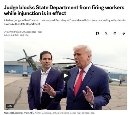 A federal judge blocks Secretary of State Marco Rubio from downsizing the State Department, with Donald Trump speaking to reporters at a press conference.
