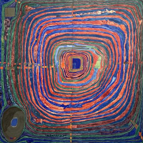 hundertwasser painting of square-lime forms embedded tightly into one another — blue & red predominate with some green on edges. the lines are in no way straight ones.