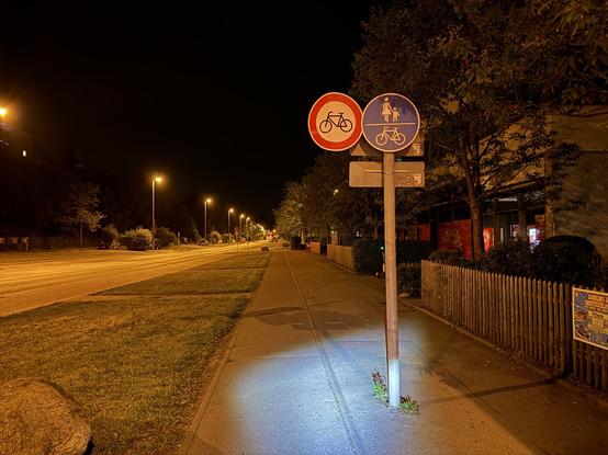 Nächtliche Szene auf einem Weg neben der Straße. Die Verkehrszeichen kennzeichnen mit einem runden blauen Schild einen gemeinsamen Fuß-/Radweg und direkt daneben hängt ein Verbotsschild für Radverkehr.