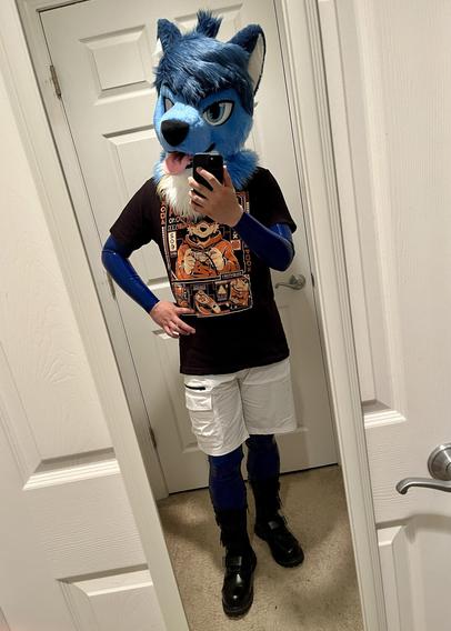 A phone pic of me wearing a dark blue latex catsuit, with a pair of white shorts on top and a black graphic tshirt, and a pair of black leather boots, and my fursuit head, posing in front of a mirror