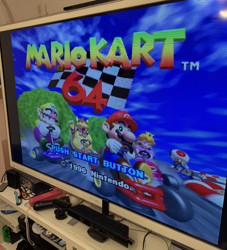 The pleasing result. Mario Kart 64, running on the NUS-001 (FRA) via RGB, connected to Framemeister -> output at 1080p/60