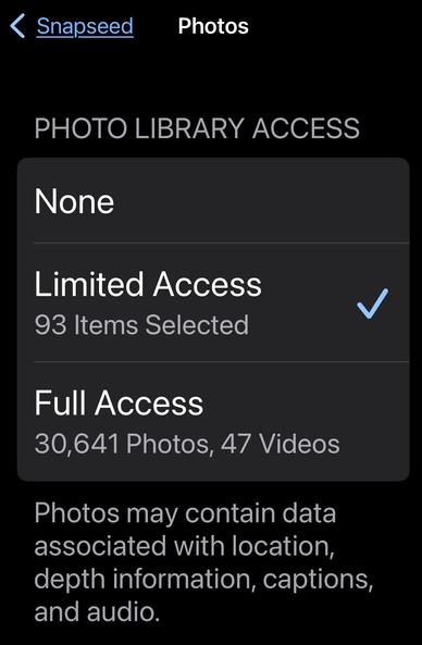 Screenshot of the Snapseed app displaying photo library access options, showing three access levels: "None," "Limited Access" (with 93 items selected), and "Full Access" (30,641 photos and 47 videos). Additional text notes that