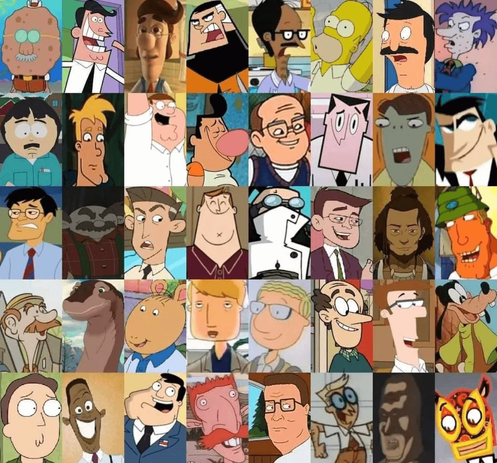 A collage of cartoon dads:
Harold SquarePats (SpongeBob SquarePants)
Timmy Turner's Dad (Fairly OddParents)
Hugh Neutron (Jimmy Neutron: Boy Genius)
Jack Fenton(Danny Phantom)
Vijay Patel (Sanjay and Craig)
Homer Simpson (The Simpsons)
Bob Belcher (Bob's Burgers)
Stu Pickles (Rugrats)
Randy Marsh (South Park)
Miles Shortman (Hey Arnold)
Peter Griffin (Family Guy)
Harold (The Grim Adventures of Billy and Mandy)
Sam Detweiler (Recess)
Professor Utonium (PowerPuff Girls)
Horace Cramp (Cramp Twins)
Tucker X (The X's)
Michael Lee (The Life and Times of Juniper Lee)
Monty Uno (Codename: Kids Next Door)
James Timothy Possible (Kim Possible)
Dwight Turnbull (Robotboy)
Professor Membrane (Invader Zim)
Jonathan Long (American Dragon: Jake Long)
Hakoda (Avatar: The Last Airbender)
Ray Rocket (Rocket Power)
Joe Tabootie (ChalkZone)
Bron (The Land Before Time)
David Read (Arthur)
Mr. Tonitini (Weekenders)
Phil Funnie (Doug)
Lynn Loud Sr. (The Loud House)
Lawrence Fletcher (Phineas and Ferb)
Goofy (Goof Troop/Goofy Movie)
Jerry Smith (Rick and Morty)
Oscar Proud (Proud Family)
Stan Smith (American Dad)
Nigel Thornberry (Wild Thornberrys)
Hank Hill (King of the Hill)
Dexter's Dad (Dexter's Laboratory)
Butthead's Dad (of the Motley Crue Roadies) - Beavis and Butthead
Rodolfo Rivera (El Tigre: The Adventures of Manny Rivera)
