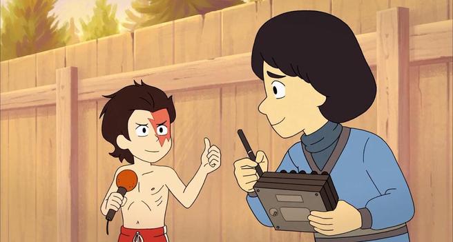 Screenshot from episode 1, The Twin Tapes. Child Ryan, in Aladdin Sane makeup and holding a toy microphone, flashes a thumbs-up to child Min-Gi, holding his stylophone.