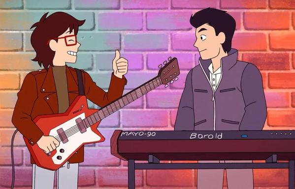 Screenshot from episode 10, The Train to Nowhere. In a callback to the previous screenshot, Ryan, with his guitar over his front, is flashing a thumbs-up to Min-Gi, who is standing behind a Barold Mayo-90 synthesizer at their open mic performance in Utica, NY.