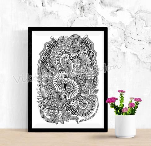 Zentangle Art 5. Original zenart graphic handmade. Digital Prints wall home decor, zen doodle, intricate patterns, ink drawing.