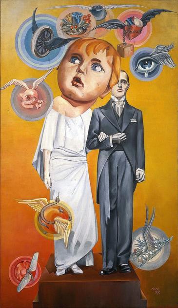 A bride and groom surrounded by surreal images. She is taller/larger than the groom, her head is very disproportionately large, and she gazes upwards toward the left corner of the painting.