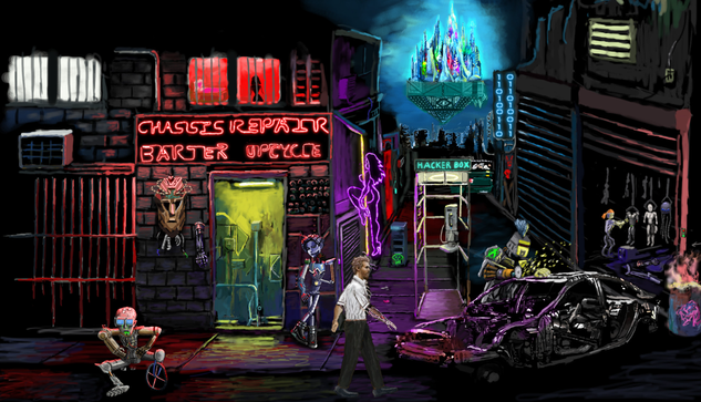 Screenshot of the game, taken from the Steam store page of Neofeud.

The protagonist Karl is walking through a dark scenery which is lit up by Neon signs. There is a robot sitting in front of a repair cafe. Another character, Proto-J, is leaning against its wall. There's a phone booth, there's a robot upcycling the skeleton of an old car. In the background there is the high city flying in the sky above skyscrapers of the lower city.