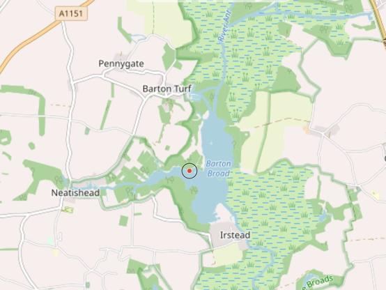 Map of Barton Broad on the Norfolk Broads, showing current location of "Singing the Blues".