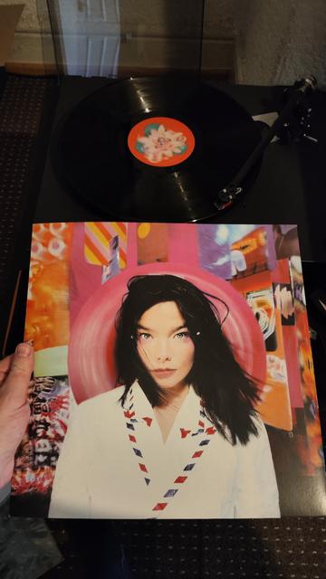 Bjork on the cover in white shirt and pink hat in city background vinyl cover