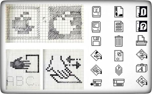 No lado esquerdo da imagem, 4 exemplos de ícones pixelizados de computador desenhados à mão em papel quadriculado.
Nos dois primeiros, rascunhos do logótipo da Apple (o primeiro com a maçã dentro de uma moldura quadrada, no segundo a maçã simplesmente centrada); nos outros uma mão que puxa um documento (um com o desenho na vertical com ABC escrito por baixo, o outro na horizontal com duas setas à direita em sentido oposto uma da outra).
Do lado direito uma série de ícones de funções facilmente reconhecíveis por qualquer utilizador: Happy Mac, o meu computador, guardar, lixo, questão (y/n), exclamação (aviso), imprimir, impressora, enviar fax; ficheiros de: imagem, documento, folha de cálculo, base de dados; programa de desenho, escrita, cálculo, base de dados; arquivar, e tipos de letra.