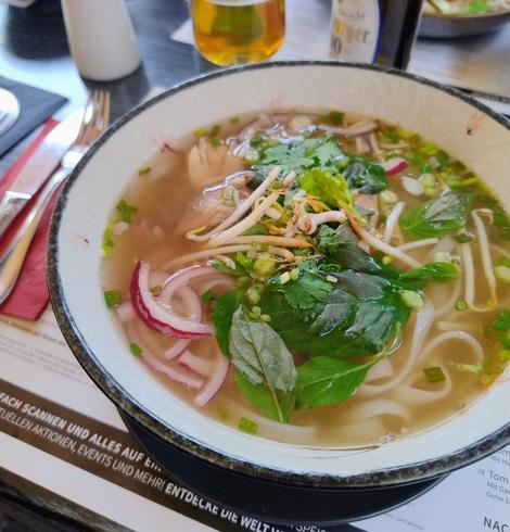 Ein Teller Suppe mit Bandnudeln, roten Zwiebeln und Thai-Basilikum