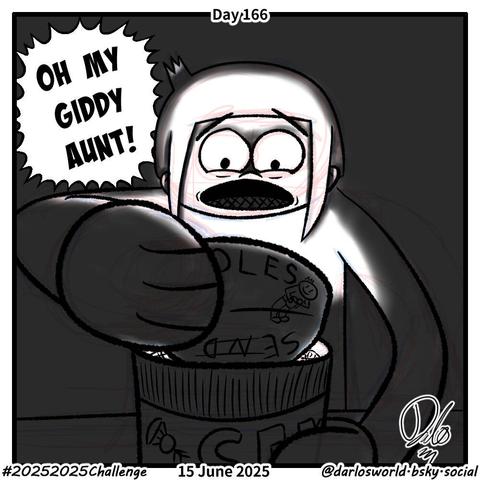 Drawing of Darlo opening an instant noodle cup, the brand of which is Send Noodles, revealing something shocking. The scene is dark, but a light is resonating from the opened cup, lighting up Darlo's surprised face. "Oh my giddy aunt!" exclaims Darlo.