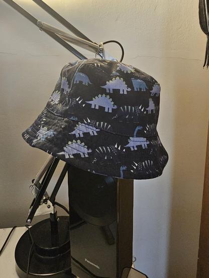 A photo of a child's hat. Dark in colour yet covered in dinosaurs. It sits atop a speaker on my desk.