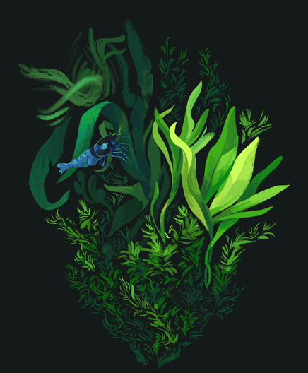 A painting of a blue shrimp, on top of various aquarium plants, perched on one of the leaves.