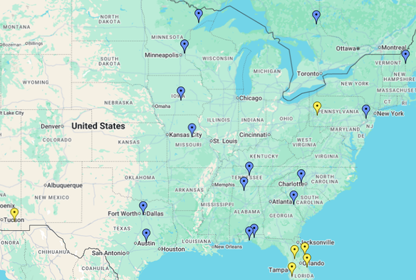 A map of the U.S. with little markers of where I made amateur radio contacts this weekend. The yellow ones are where the 6 meter band (50 mhz) and was open. The blue markers are 20 meter band (14 mhz).