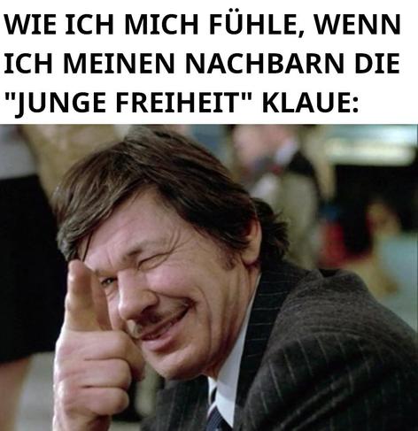 Meme bestehend aus einem Screenshot aus dem Film "Ein Mann sieht rot": Charles Bronson blickt lächelnd in die Kamera und imitiert mit seiner Hand eine Pistole. Darüber steht:
Wie ich mich fühle, wenn ich meinen Nachbarn die "Junge Freiheit" klaue
