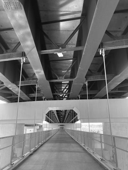 A view from the underside of a bridge, showing the girders above in black and white.