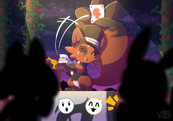 A Nickit magician on a stage performing a card trick for the audience at night.
