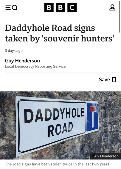 Daddyhole Road signs taken by 'souvenir hunters'. 
The road signs have been stolen twice in the last two years.