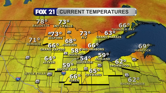 Temperatures in the Northland just before 2 p.m. on June 15, 2025, range from 54 to 73 degrees Fahrenheit.  The cooler readings in the 50s and 60s are along and south of Highway 2 and the North Shore.