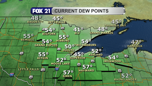 Dew point readings in the Northland just before 2 p.m. on June 15, 2025, range from 41 to 57 degrees Fahrenheit.