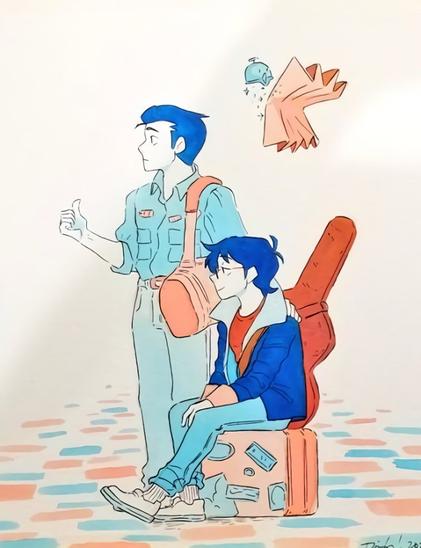 Duochromatic red and blue print of Min-Gi, Ryan and Kez in a void paved with red and blue bricks. Min-Gi has a duffel bag over his shoulder and is pointing his thumb like a hitchhiker, his other hand over Ryan's shoulder. Ryan is sitting on a suitcase with a tired but happy expression and his guitar case strapped to his chest. Kez is pogging at a map above them.