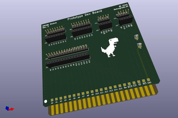 A KiCad 3D render of a 10x10cm footprint PCB.

The bottom of the PCB is a 2x22 card edge connector, for plugging the card into a backplane, with labelled test points above each finger.

The board is populated with pin headers and sockets, breaking out all the signals of the bus.